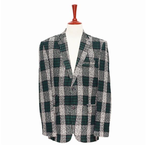 Mens Blazer Plaid Green Black White Formal Party Jacket Wedding